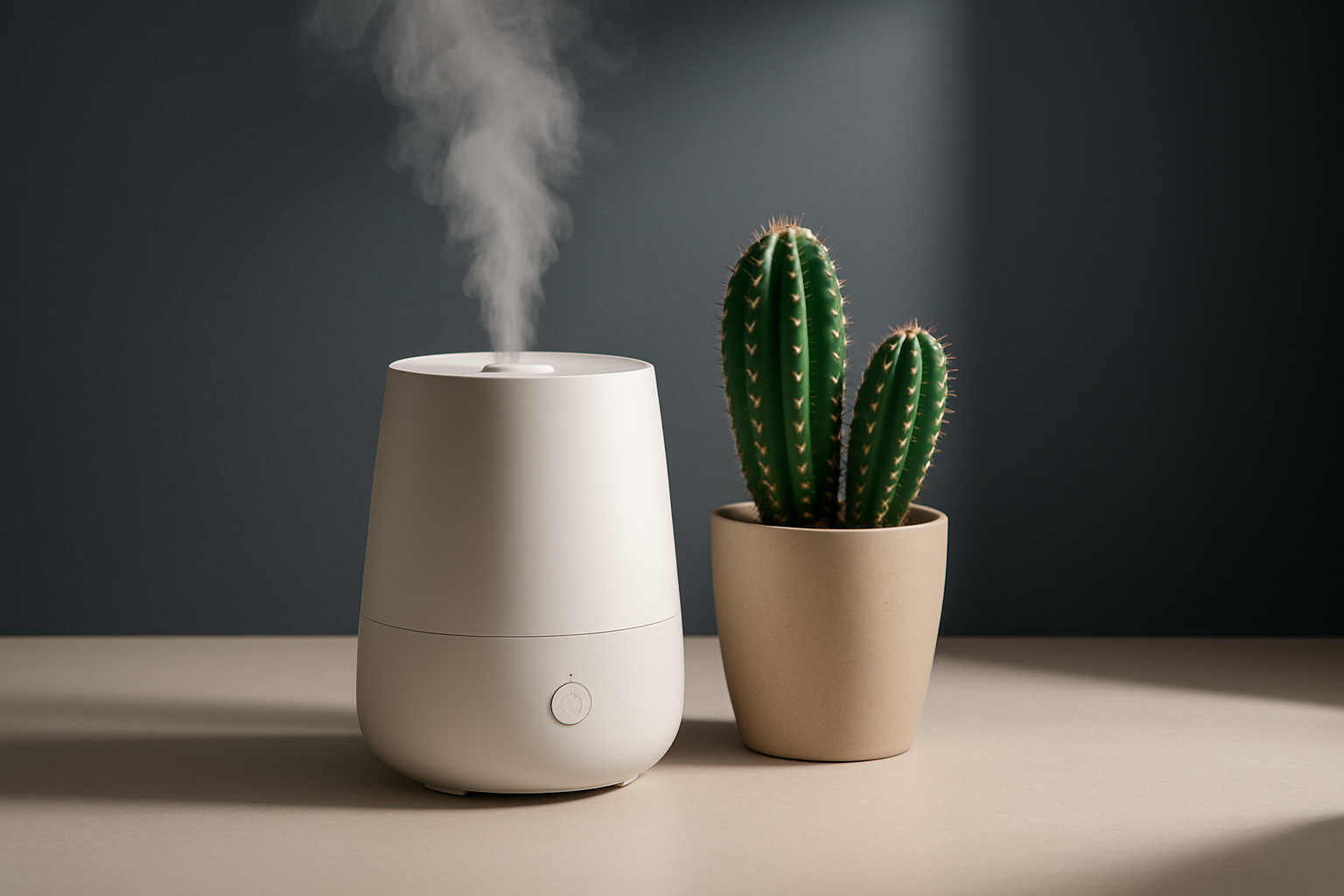 humidificador con cactus como el del producto en un fondo limpio elegante y llamativo